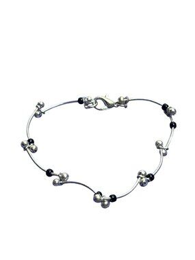 Silvertone Black Beaded Chain Bracelet 7 inches